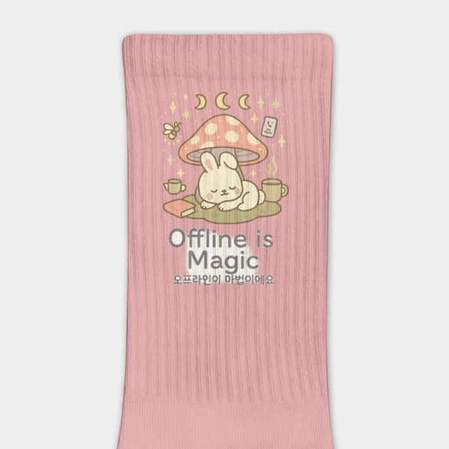Offline is Magic – Cute Bunny Under Mushroom with Korean Quote by Anne Lee