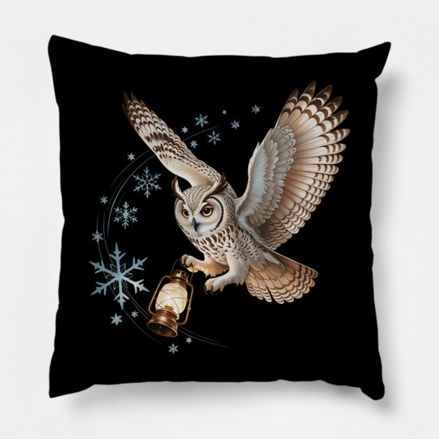 Winter Owl with Vintage Lantern and Swirling Snowflakes Pillow by BirdsnStuff