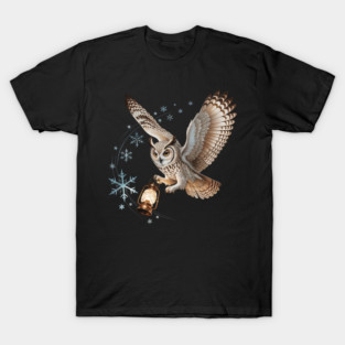 Winter Owl with Vintage Lantern and Swirling Snowflakes T-Shirt