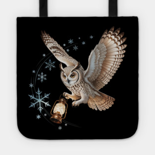 Winter Owl with Vintage Lantern and Swirling Snowflakes Tote