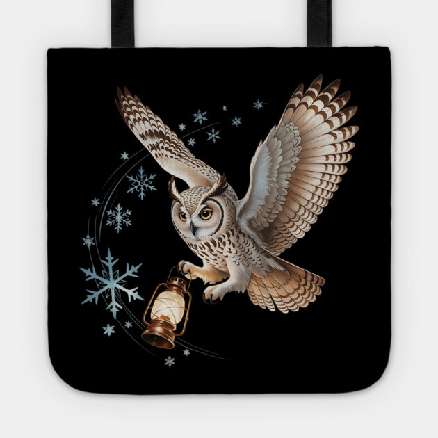Winter Owl with Vintage Lantern and Swirling Snowflakes Tote by BirdsnStuff