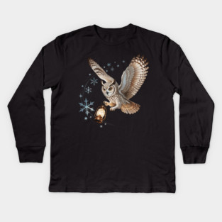 Winter Owl with Vintage Lantern and Swirling Snowflakes Kids Long Sleeve T-Shirt