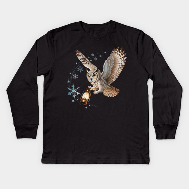 Winter Owl with Vintage Lantern and Swirling Snowflakes Kids Long Sleeve T-Shirt by BirdsnStuff