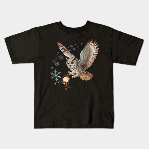 Winter Owl with Vintage Lantern and Swirling Snowflakes Kids T-Shirt by BirdsnStuff