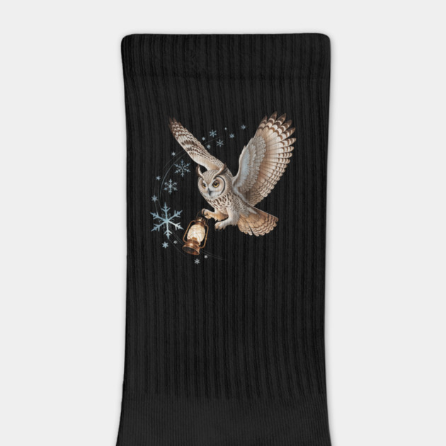 Winter Owl with Vintage Lantern and Swirling Snowflakes by BirdsnStuff