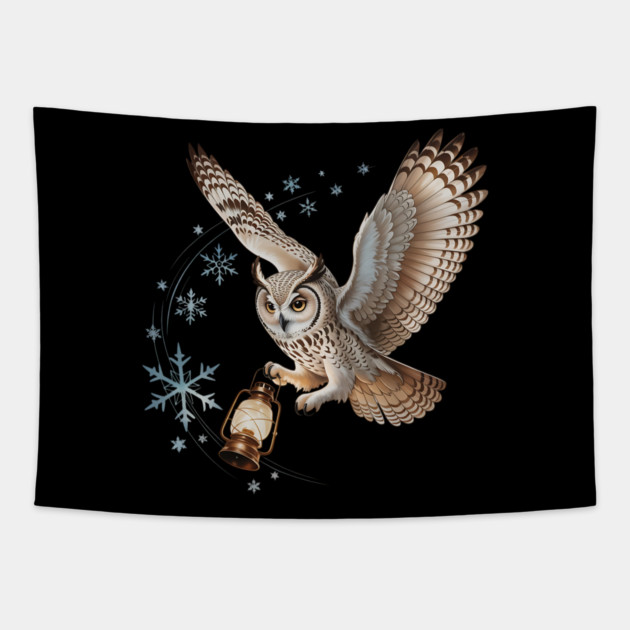 Winter Owl with Vintage Lantern and Swirling Snowflakes Tapestry by BirdsnStuff