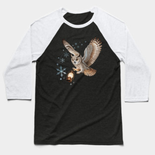 Winter Owl with Vintage Lantern and Swirling Snowflakes Baseball T-Shirt
