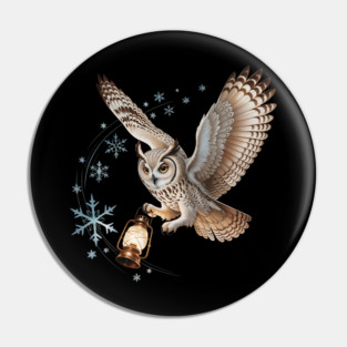 Winter Owl with Vintage Lantern and Swirling Snowflakes Pin