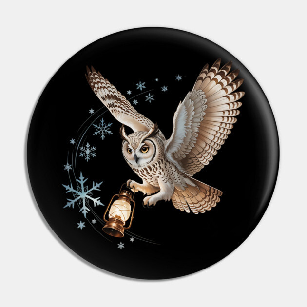 Winter Owl with Vintage Lantern and Swirling Snowflakes Pin by BirdsnStuff