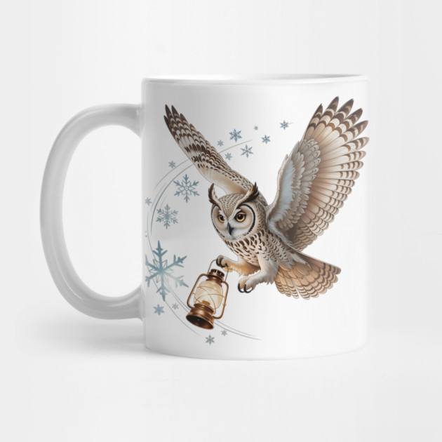Winter Owl with Vintage Lantern and Swirling Snowflakes by BirdsnStuff