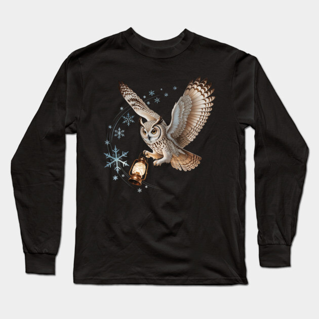 Winter Owl with Vintage Lantern and Swirling Snowflakes Long Sleeve T-Shirt by BirdsnStuff