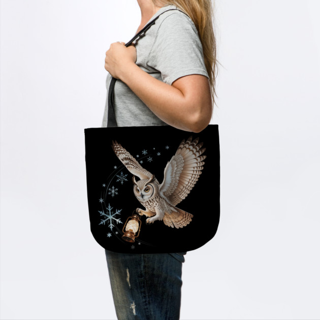 Winter Owl with Vintage Lantern and Swirling Snowflakes by BirdsnStuff