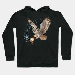 Winter Owl with Vintage Lantern and Swirling Snowflakes Hoodie
