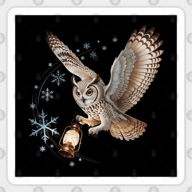Winter Owl with Vintage Lantern and Swirling Snowflakes Sticker by BirdsnStuff