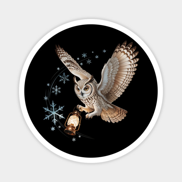 Winter Owl with Vintage Lantern and Swirling Snowflakes Magnet by BirdsnStuff