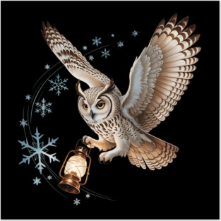Winter Owl with Vintage Lantern and Swirling Snowflakes Posters and Art