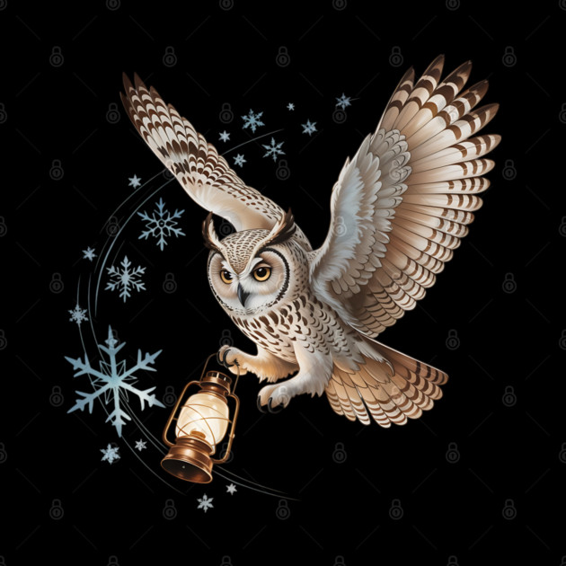 Winter Owl with Vintage Lantern and Swirling Snowflakes by BirdsnStuff