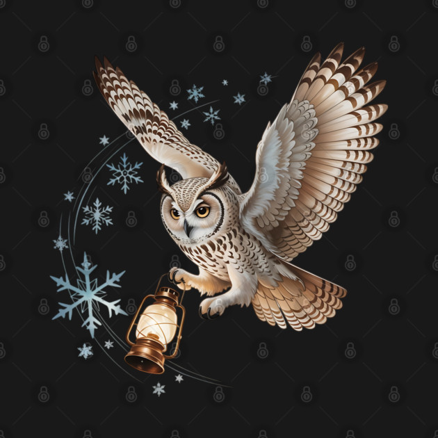 Winter Owl with Vintage Lantern and Swirling Snowflakes by BirdsnStuff