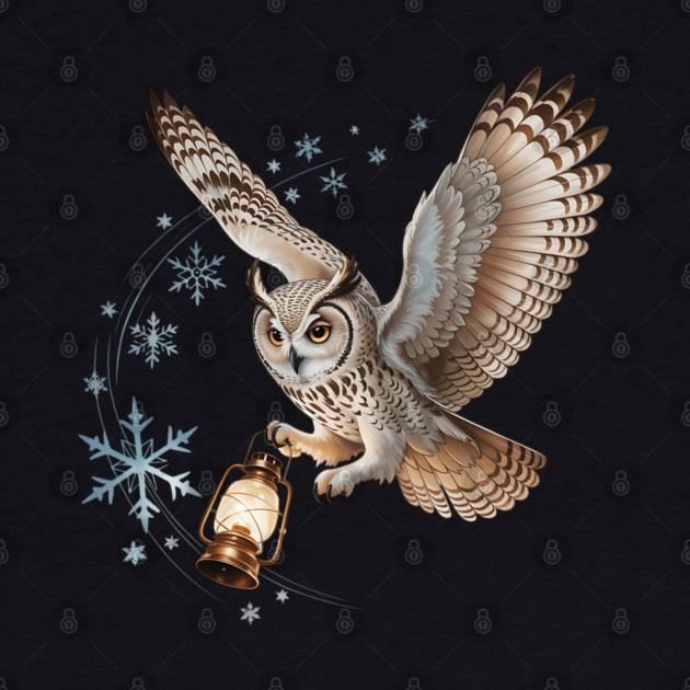 Winter Owl with Vintage Lantern and Swirling Snowflakes by BirdsnStuff
