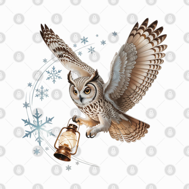 Winter Owl with Vintage Lantern and Swirling Snowflakes by BirdsnStuff