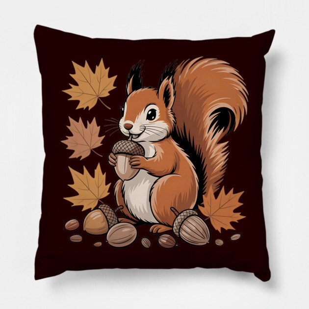 Cute Autumn Squirrel with Acorns and Fall Leaves Pillow by BirdsnStuff