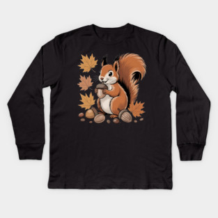 Cute Autumn Squirrel with Acorns and Fall Leaves Kids Long Sleeve T-Shirt