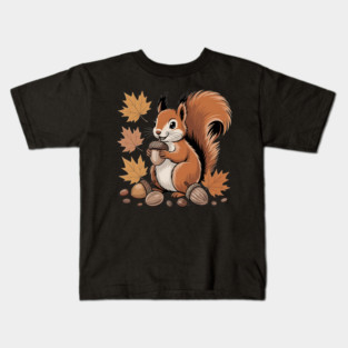 Cute Autumn Squirrel with Acorns and Fall Leaves Kids T-Shirt