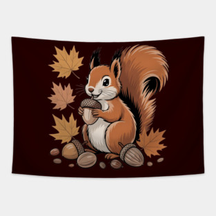 Cute Autumn Squirrel with Acorns and Fall Leaves Tapestry