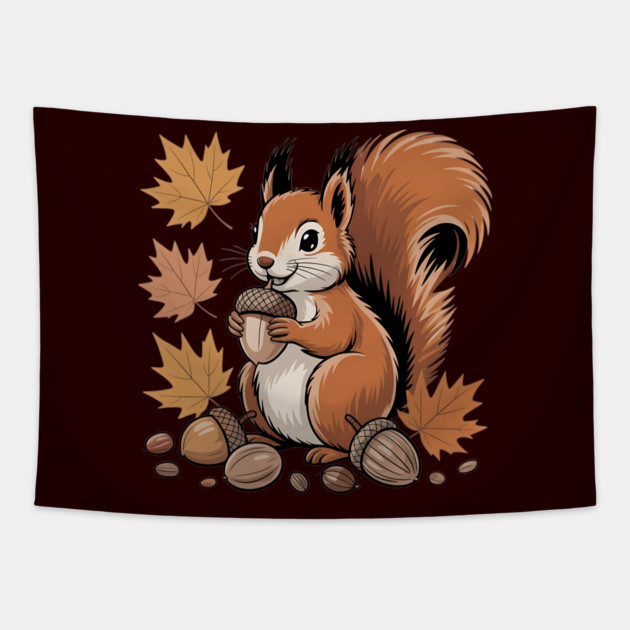 Cute Autumn Squirrel with Acorns and Fall Leaves Tapestry by BirdsnStuff