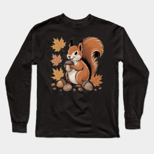 Cute Autumn Squirrel with Acorns and Fall Leaves Long Sleeve T-Shirt