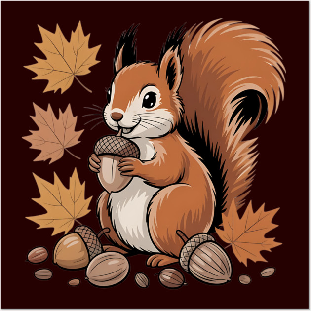 Cute Autumn Squirrel with Acorns and Fall Leaves Wall Art by BirdsnStuff