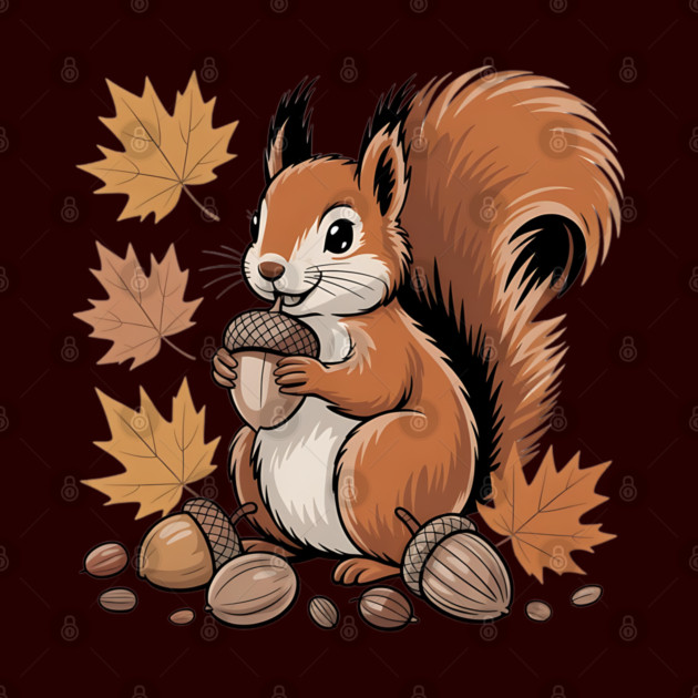 Cute Autumn Squirrel with Acorns and Fall Leaves by BirdsnStuff