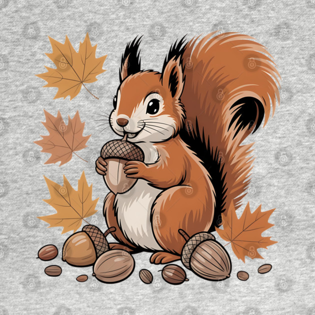 Cute Autumn Squirrel with Acorns and Fall Leaves by BirdsnStuff