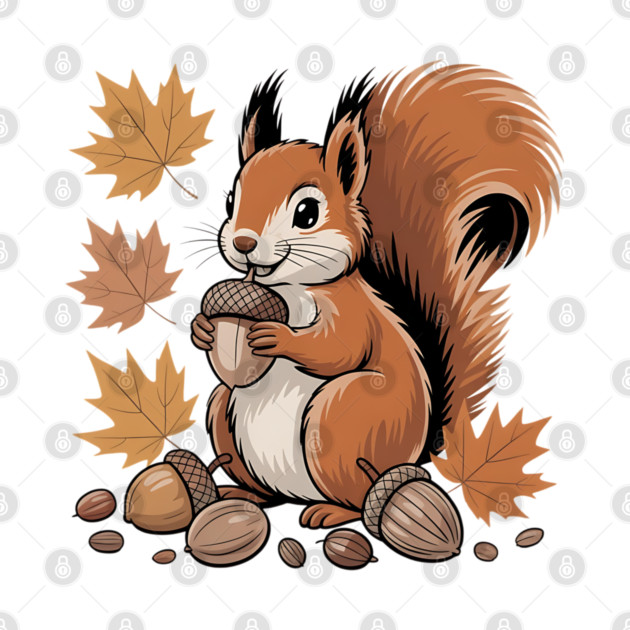 Cute Autumn Squirrel with Acorns and Fall Leaves by BirdsnStuff