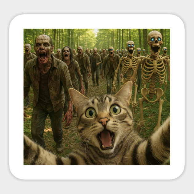 Funny Scared Cat Selfie of Zombies and Skeletons Stampeding Horde Magnet by Luxinda