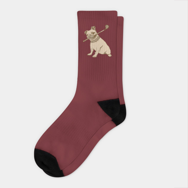 Vintage Pug and Golf Club Illustration – Funny Dog Art for Pet & Golf Lovers Socks by DonWillisJrArt