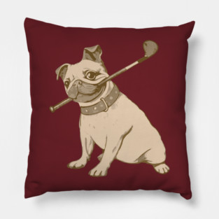 Vintage Pug and Golf Club Illustration – Funny Dog Art for Pet & Golf Lovers Pillow