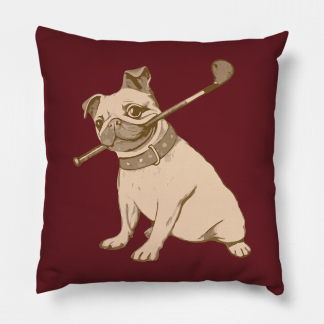 Vintage Pug and Golf Club Illustration – Funny Dog Art for Pet & Golf Lovers Pillow by DonWillisJrArt