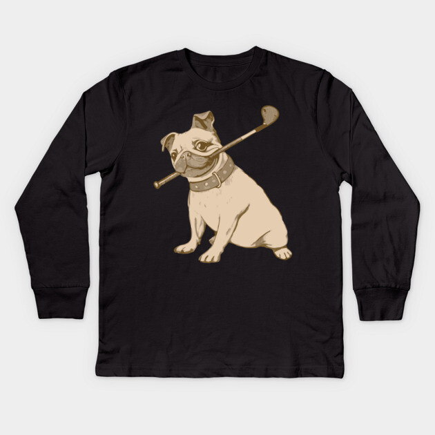 Vintage Pug and Golf Club Illustration – Funny Dog Art for Pet & Golf Lovers Kids Long Sleeve T-Shirt by DonWillisJrArt