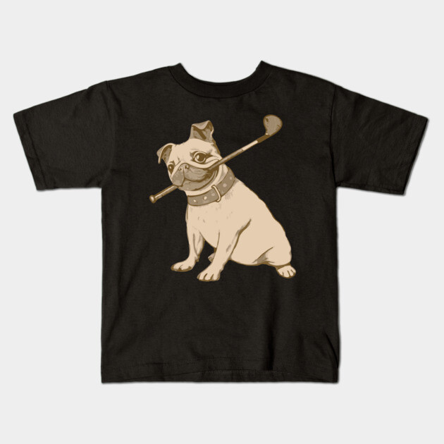 Vintage Pug and Golf Club Illustration – Funny Dog Art for Pet & Golf Lovers Kids T-Shirt by DonWillisJrArt