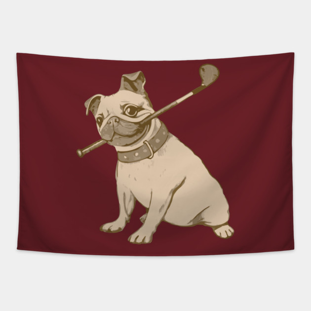 Vintage Pug and Golf Club Illustration – Funny Dog Art for Pet & Golf Lovers Tapestry by DonWillisJrArt