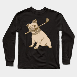 Vintage Pug and Golf Club Illustration – Funny Dog Art for Pet & Golf Lovers Long Sleeve T-Shirt