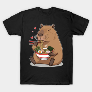Cute Capybara Eating Ramen with Turtle Hat – Kawaii Animal Noodle Design T-Shirt