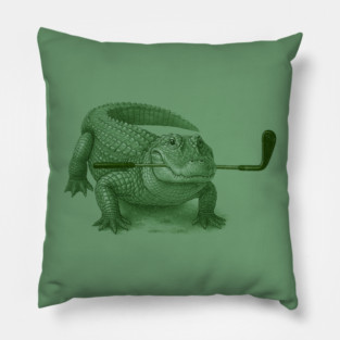 Green Alligator Golfer Illustration – Funny Wildlife Golfer Design Pillow