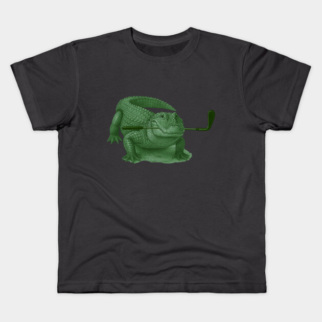 Green Alligator Golfer Illustration – Funny Wildlife Golfer Design Kids T-Shirt by DonWillisJrArt