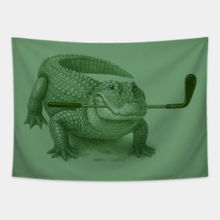 Green Alligator Golfer Illustration – Funny Wildlife Golfer Design Tapestry
