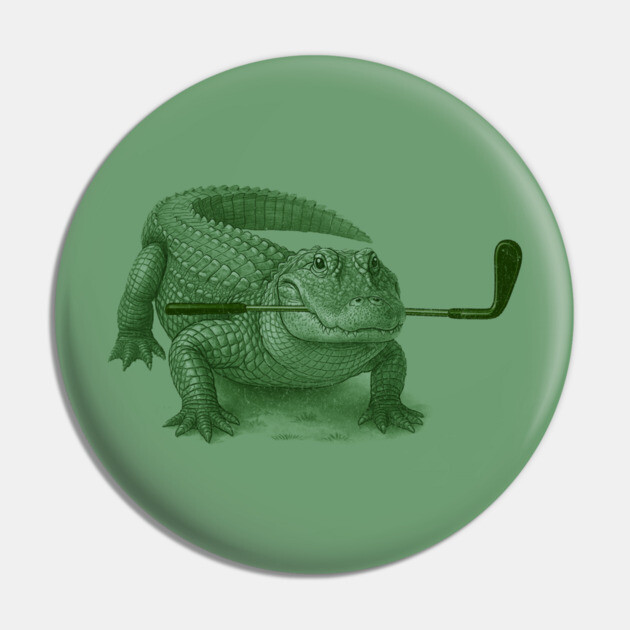 Green Alligator Golfer Illustration – Funny Wildlife Golfer Design Pin by DonWillisJrArt