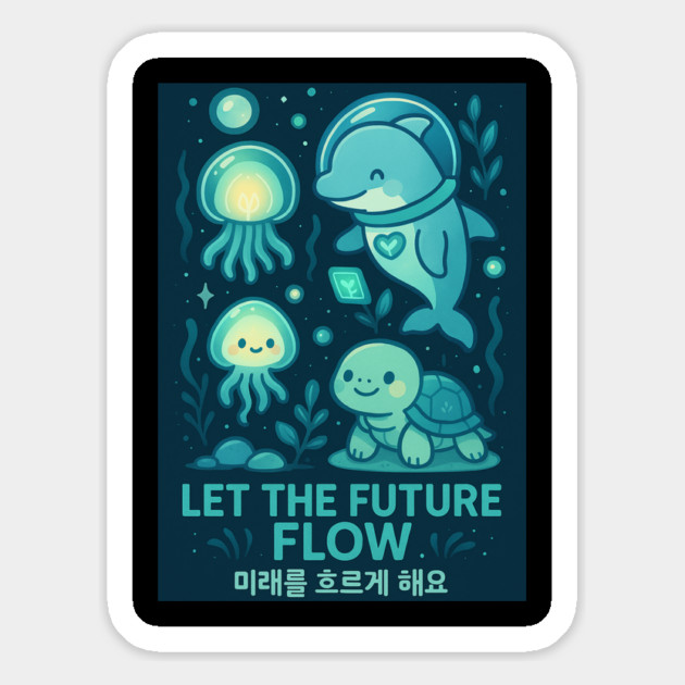 Let the Future Flow – Cute Futuristic Ocean Animal Design with Korean Quote Magnet by Anne Lee