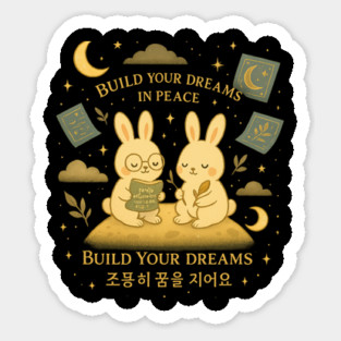 Build Your Dreams in Peace – Kawaii Moon Bunnies with Korean Quote Sticker
