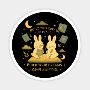 Build Your Dreams in Peace – Kawaii Moon Bunnies with Korean Quote Magnet